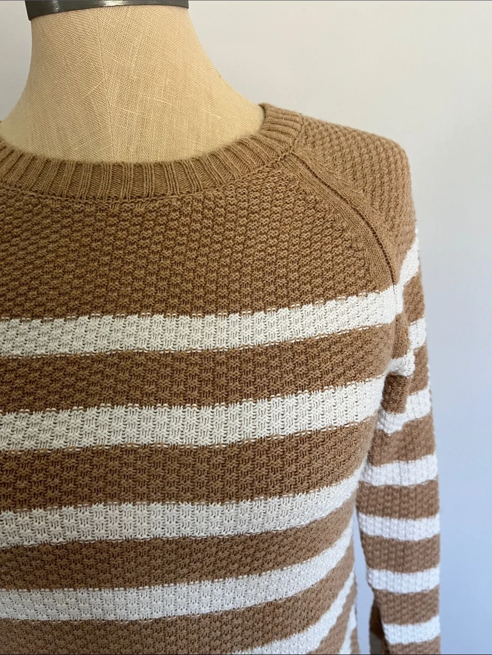 LOFT Camel and White Striped Crewneck Sweater